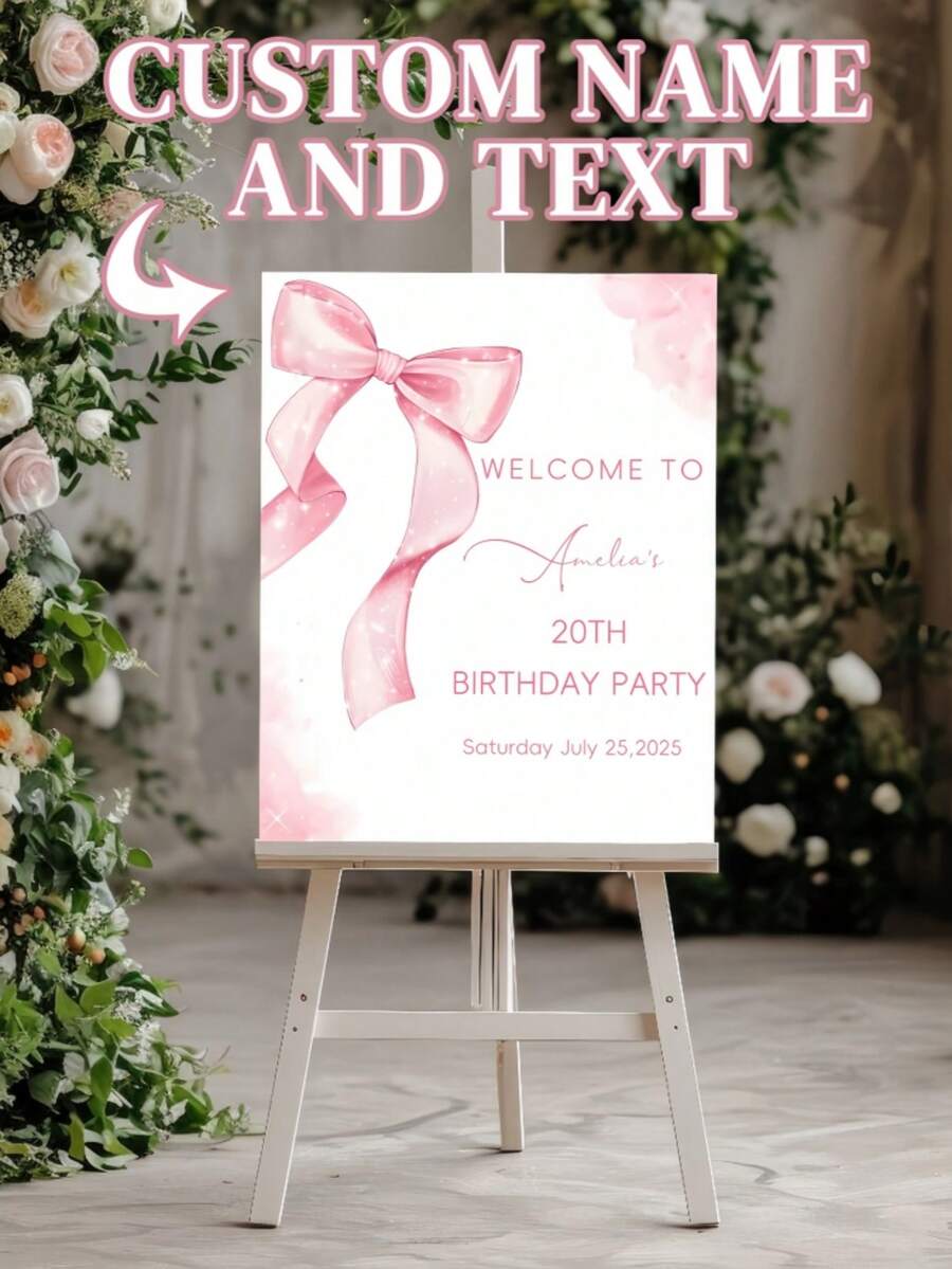 1pc Personalized Elegant Welcome Sign - Customizable Name And Text, Suitable For Birthday, Wedding, Bridal Shower Entrance, Designed With Pink Bow And Balloon - DIY Princess Theme Party Decor, Suitable For Birthday, Gathering, Home Garden Events - No Electricity Required, Easy Installation, Birthday Decoration, Lightweight Structure, High-Quality Printing, Ideal Choice For Event Planners - Multicolor - View 1