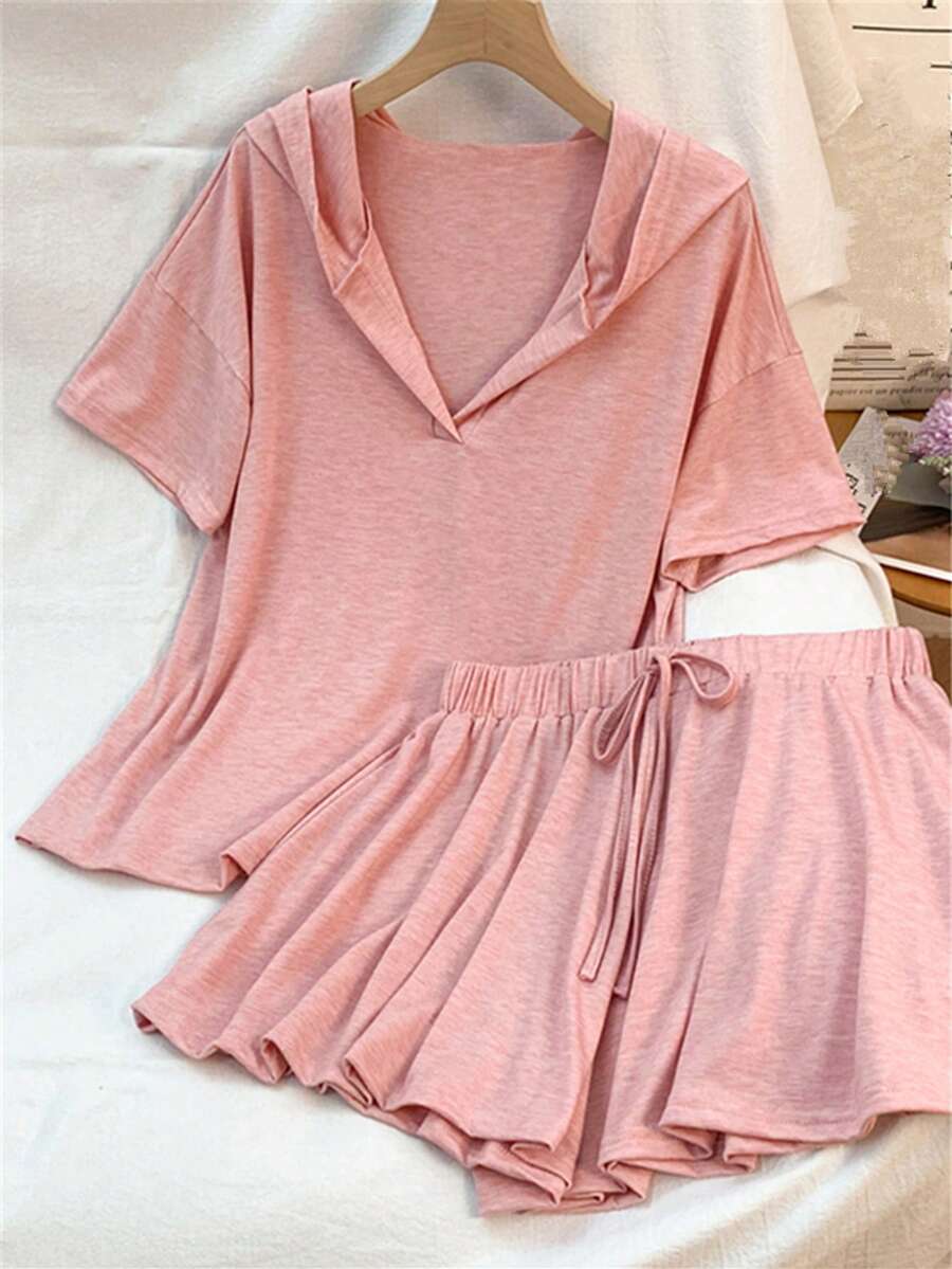 2pcs Set Solid Color Casual Knit Fabric V-Neck Drawstring Short Sleeve Hoodie And Shorts Set For Women, Suitable For Spring, Summer, Autumn, Daily Wear, Sports & Leisure Pink - Pink - View 1