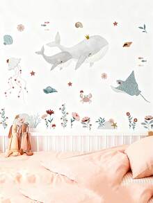 1 pièce Sticker mural de créatures océaniques imaginatives - Autocollant vinyle amovible et réutilisable, comprend des designs de baleine, méduse, crabe. PVC lavable pour la chambre d'enfant et la décoration de la maison - Multicolore - Voir 6