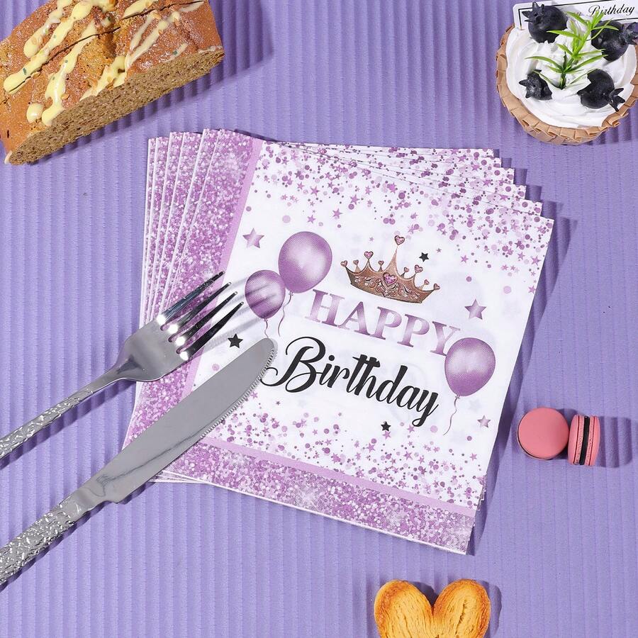 20张/40张/60张，薰衣草紫白公主皇冠生日快乐餐巾纸，双层一次性派对餐巾纸 | 闪光饰边气球星形图案纸巾，适用于女孩公主生日派对，皇家主题庆典用品 - 紫色 - 查看 1