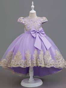 Elegant Sleeveless Embroidered Trailing Luxurious Princess Dress, Tulle Puffy Performance Flower Girl Evening Gown - Lilac Purple - View 1