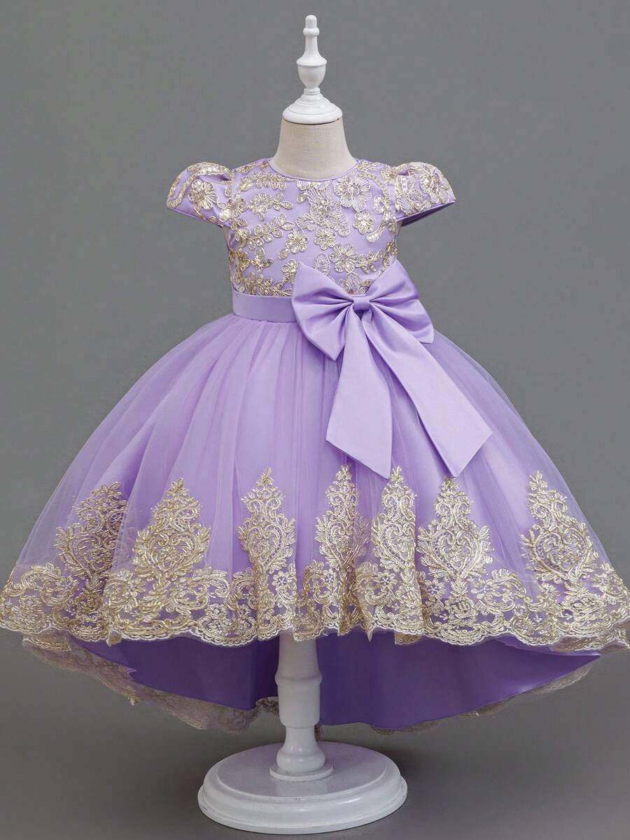 Elegant Sleeveless Embroidered Trailing Luxurious Princess Dress, Tulle Puffy Performance Flower Girl Evening Gown - Lilac Purple - View 1