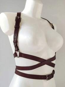 1pc Women's Elegant Coffee PU Leather Chest & Waist Cincher Belt, Streetwear Body Harness Suitable For Daily Commute, Holidays, Parties, Halloween, Christmas Outfit Accessory - Coffee Brown - View 3