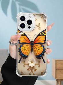 1PC Funda transparente con diseño de mariposa monarca naranja sobre flor blanca y detalles dorados, estilo minimalista clásico y elegante, protección contra caídas, ideal para mujeres y amantes de la naturaleza y el arte decorativo, regalo perfecto para fiestas, amigos, pareja o familia : funda transparente resistente a golpes, compatible con Apple Phone17/16/15/14/13/12/11/XS/XR/X/PLUS/PRO/PROMAX, agarre cómodo, regalo ideal para ocasiones especiales - transparente - Ver 4