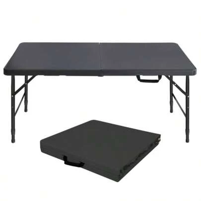 125cm Portable Heavy Duty Folding Table With Handle, Adjustable Height Foldable Table, Multi-Functional Fold Up Table For Camping Picnic Parties Indoor/Outdoor, Capacity Weight 135KG (Black)