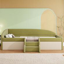 Upholstered Sofa Bed, 90 X 190 Cm, Multifunctional Bed With Steps And Guardrails, Soft Velvet Cover, Mattress Not Included, Dark Green And Cream White - Green + Ivory White + Soft Pack - View 2