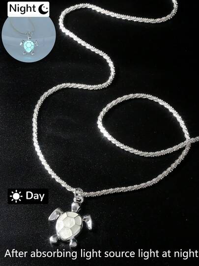 1件镀银铜质闪亮扭链夜光海龟吊坠项链，女士首饰