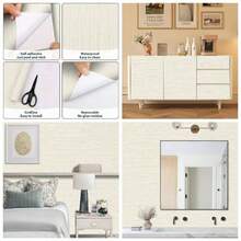 60x500CM Papel de Contacto Autoadhesivo Vinilo de PVC Grano de Tela Rosado Impermeable, Papel Pintado Vinilo Decorativo para Muebles, Encimera, Cocina, Estante - Lino Beige Grano + 40 x 600 cm - Ver 1