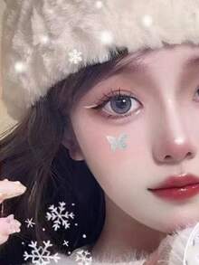 1个银色蝴蝶贴纸，大号闪亮蝴蝶贴纸，适用于派对妆容、DIY、Y2K、K-POP、面部闪粉、嘉年华、面部装饰，带自粘胶 - 彩色 - 查看 2