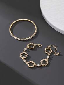 1 Set Luxury Rhinestone Hollow Clover & Elastic Bracelet Set For Women - Yellow Gold - View 4