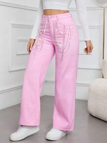 Women's Fashionable Street-Style Solid Color Casual Elegant Denim Pocket Metal Chain Pearl Waistband Wide Leg Pants, Non-Stretch, Pink, Suitable For Holidays, Daily Wear, Spring/Summer/Autumn/Winter - Pink - View 4