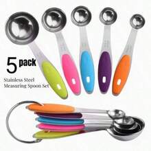 5 Piece Stainless Steel Measuring Spoons Set,   Spoon With Gap Set, Suitable For Dry And Liquid Ingredients - Kitchen Tools - Baking Supplies - 彩色 - 查看 9
