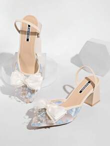 Dép bít mũi cao gót lưới màu trắng thắt nơ, sandal xỏ ngón thêu ren mũi nhọn, gót mỏng và gót dày, gót đế chunky. - Màu xanh lam - Xem 2