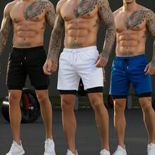 Kit Of 3 Men's 2-In-1 Sports Shorts With Compression Lining - Training And Running - 黑+皇家藍+白套裝 - 查看 1