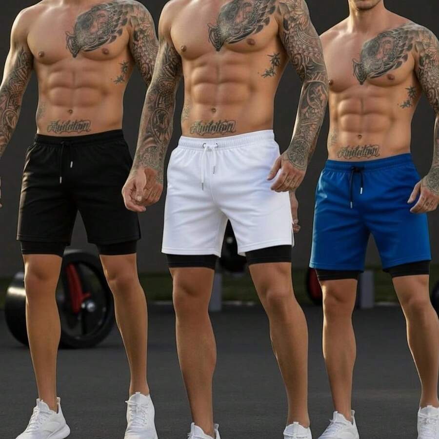 Kit Of 3 Men's 2-In-1 Sports Shorts With Compression Lining - Training And Running - 黑+皇家藍+白套裝 - 查看 1