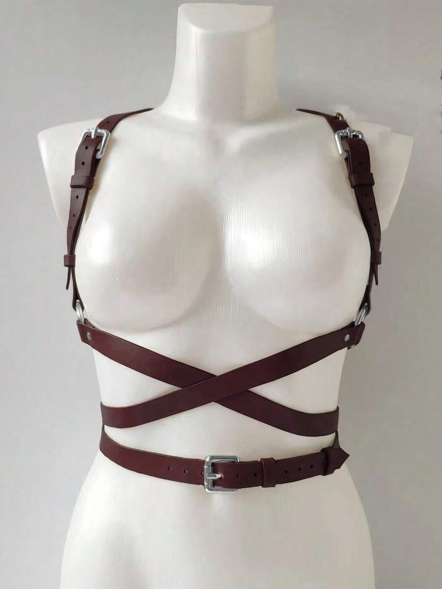 1pc Women's Elegant Coffee PU Leather Chest & Waist Cincher Belt, Streetwear Body Harness Suitable For Daily Commute, Holidays, Parties, Halloween, Christmas Outfit Accessory - Coffee Brown - View 1