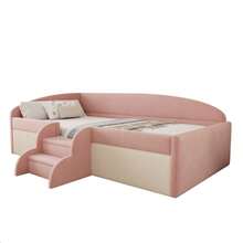 Upholstered Sofa Bed, 90*190cm, Multifunctional Bed, With Steps And Railings, Skin-Friendly Velvet Fabric, Without Mattress, Pink + Cream White - 粉色 - 查看 8