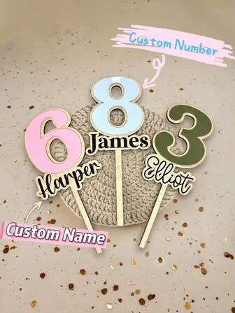 1 pieza Decoración personalizada para pastel de cumpleaños con placa de acrílico 3D con nombre, Decoración de pastel personalizada con nombre y número de edad, Decoración moderna de varios colores en capas para pastel de fiesta / aniversario / smash cake