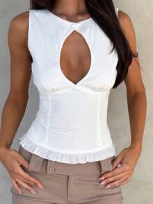 Women Y2K Ribbed Sleeveless Top Keyhole Cutout Back Lace-Up Ruffle Hem Cropped Going Out Party Club Top - Blanco - Ver 4