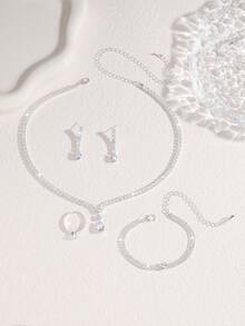 Juego de joyería de 5 piezas con gota de agua incrustada de lujo con rhinestones, que incluye collar, aretes, pulsera y anillo, elegante y de moda para boda, fiesta y uso diario - Plateado - Ver 4