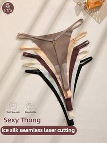 5PCS Women's Seamless G-String Set Sexy Panties For Women Low Waist G-String Solid Color Briefs - Multicolor - View 2