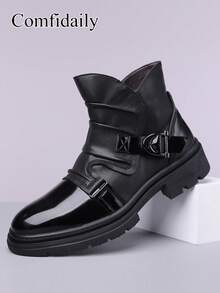 Giày bốt nam thời trang mới dành cho người đi xe máy, bốt cổ thấp ngoài trời kiểu dáng thường ngày với khóa trang trí và các mảng bóng, đa năng cho mùa đông. - màu đen - Xem 10