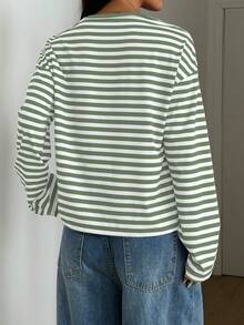 Women's Casual Top, Striped Color Block Ribbed Everyday Wear - Green and White - View 10