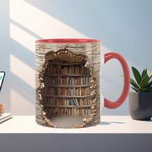 1pc 11oz Ceramic Coffee Mug - 3D Bookshelf Pattern, Unique Beverage Cup Suitable For Book Lovers, Available In Multiple Colors - Multicolor - View 9