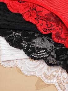 3 pièces Culottes confortables pour femmes de couleur unie avec empiècement en dentelle - Multicolore - Voir 7