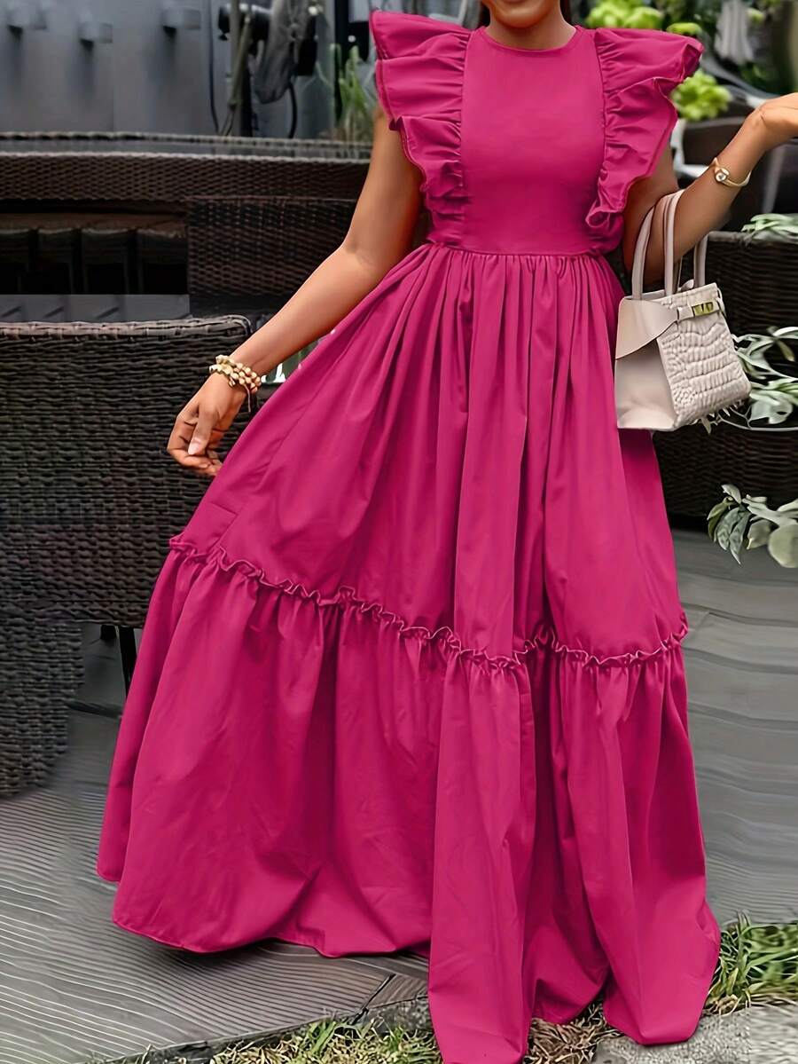 ANCHOSE 女式优雅假日纯色盖袖褶饰拼布短款休闲连衣裙，春夏 - 玫紅色 - 查看 1