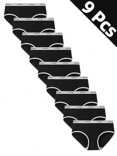 9pcs Black, Minimalist Sweet Girl Letter Waistband Comfortable Cotton Panties For Young Women, Daily & Homewear