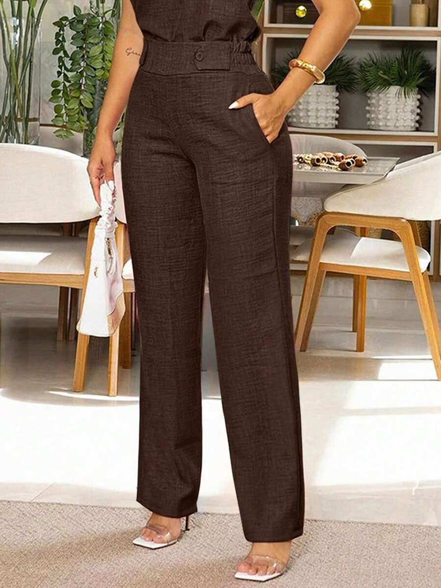 Pantalones de moda casual y elegante para mujer con bolsillos en diagonal y detalles de botones, adecuados para el trayecto de primavera - Marrón oscuro - Ver 1