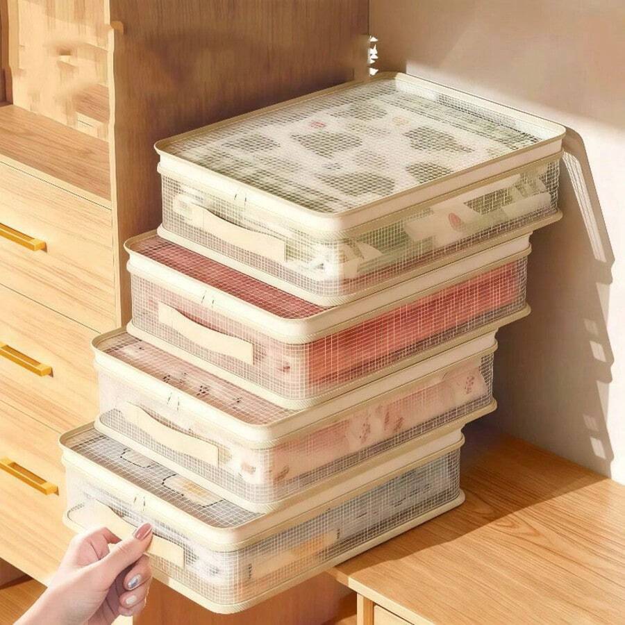 大容量床上用品收纳袋，4 件套绗缝布整理袋，防蛀防尘家用收纳盒 - 彩色 - 查看 1