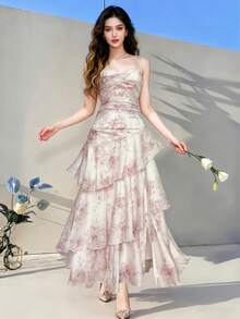 Spring Summer Elegant Floral Party Evening Dresses Women Chic Ruffle Chiffon Fairy Dress Valentine's Day Pink Clothes 2026 New Spaghetti Strap Sleeveless Beach Outfit Pink Clothes Mujers Robe - Pink - View 4