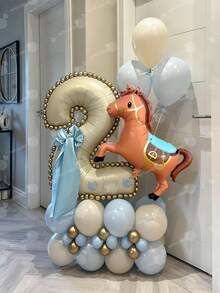 62/10pcs Ivory Numeral Column Balloon Set, Includes 32-Inch (81.28cm) Ivory Numeral Foil Balloons, Brown Horse Balloons, Beige And Metallic Teal Round Latex Balloons, Suitable For Birthday Supplies And Western Cowboy Party, Birthday Decorations, Graduation Decorations, Holiday Decorations, Party Supplies. - Multicolor - View 2