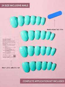 Bộ 24 miếng dán móng tay hình bầu dục màu xanh bạc hà bóng, chất liệu acrylic, kích thước ngắn vừa vặn với móng giả, bao gồm: 1 miếng gel dẻo và 1 dũa móng, thích hợp cho phụ nữ và các bạn gái sử dụng hàng ngày khi đi làm, học tập và gặp gỡ. - Màu xanh bạc hà - Xem 2