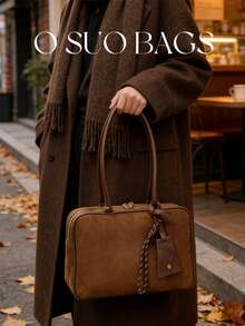 1pc Solid Color Suede Tote Bag, Versatile Commuter Boston Handbag With Large Capacity, Shoulder & Top Handle, Comes With Accessory Charm, Autumn/Winter - Coffee - View 3
