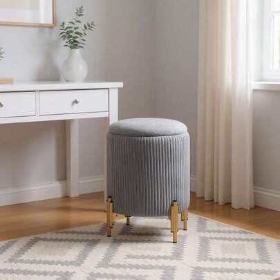 LIVINGANDHOME Living And Home Multi-Functional Pleated Storage Ottoman - Soft Velvet Upholstery Gold Metal Legs Hidden Storage + Tray