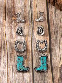 4 Pairs Western Cowboy Hat Cowgirl Boots Turquoise Stone Stud Earrings Set - Cowboy Hat, Cowboy Boots, Turquoise Earrings Set - View 2