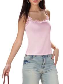 Top Mujer Cami Tank Tops Sleeveless Adjustable Spaghetti Strap Lace Trim Solid Color Slim Fit Camisole Summer Crop Tops - Pink - View 1