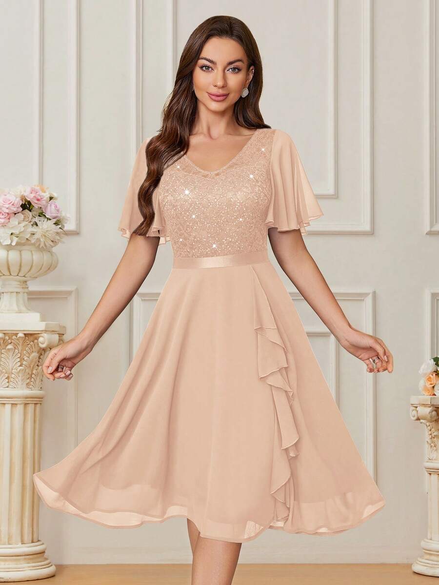 MIUSOL V-Neck Lace Sequin Insert Chiffon Ruffle Cocktail Party Swing Dress, Elegant Semi Formal Prom Dress, For Birthday, Wedding Guest, Graduation Homecoming - Rượu sâm banh - Xem 1