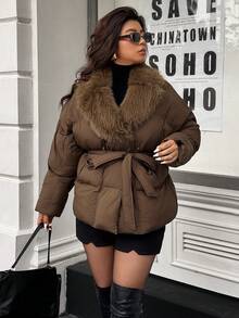 Women's Fur Collar Tie-Up Padded Coat, Autumn/Winter - Brown - View 7