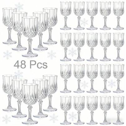 48 Pcs White Unbreakable Plastic Wine Glasses Set-7oz Vintage Champagne Flute Stemware Reusable Party Cups, Camping Drinkware, Wedding, Celebrations, Birthdays, Bridal, Retro Bar, Picnics, Family Gatherings, Table Decoration Christmas New Year Gift