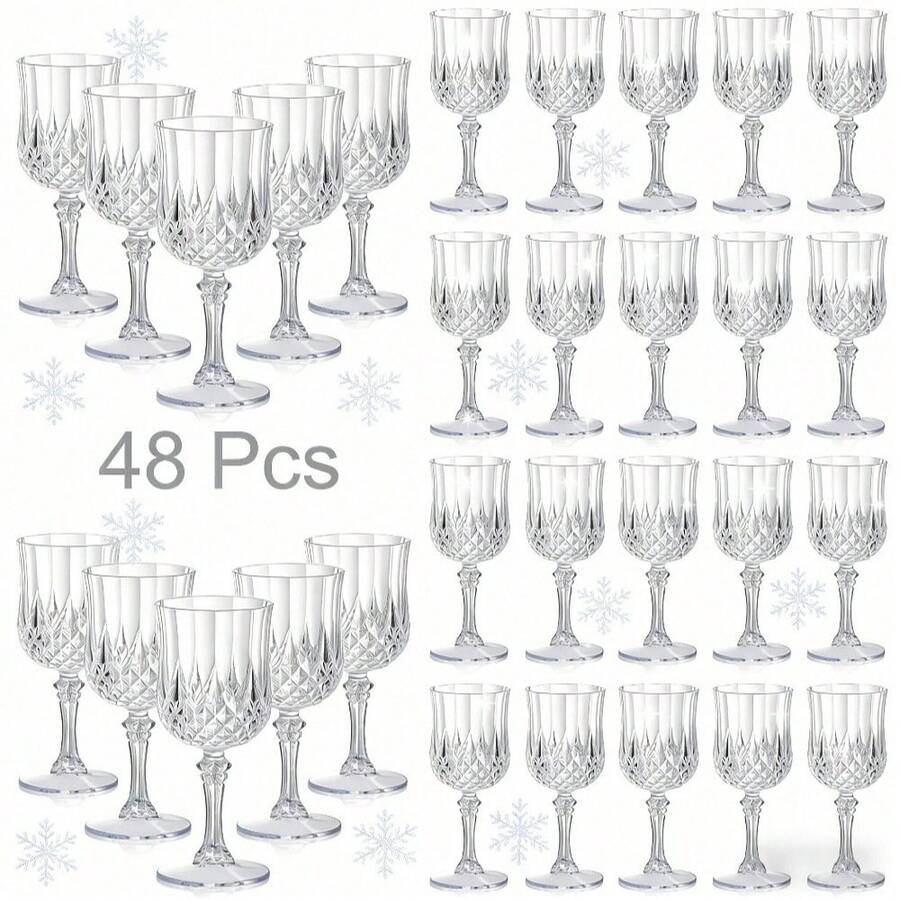 48 Pcs White Unbreakable Plastic Wine Glasses Set-7oz Vintage Champagne Flute Stemware Reusable Party Cups, Camping Drinkware, Wedding, Celebrations, Birthdays, Bridal, Retro Bar, Picnics, Family Gatherings, Table Decoration Christmas New Year Gift - 白色 - 查看 1