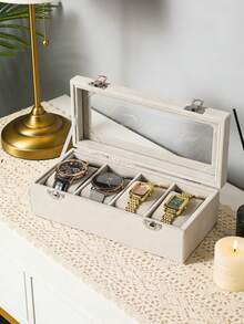 4-Slot Velvet Watch Box With Glass Cover, Unisex Watch Storage Case, Lockable Watch Display Box, Ideal Gift