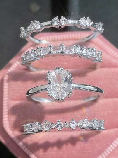 4 قطع/مجموعة خواتم فضية مرصعة بالراين ستون أنيقة وفاخرة وعملية للاستخدام اليومي، مناسبة كهدية لصديقة أو خاتم خطوبة/زواج