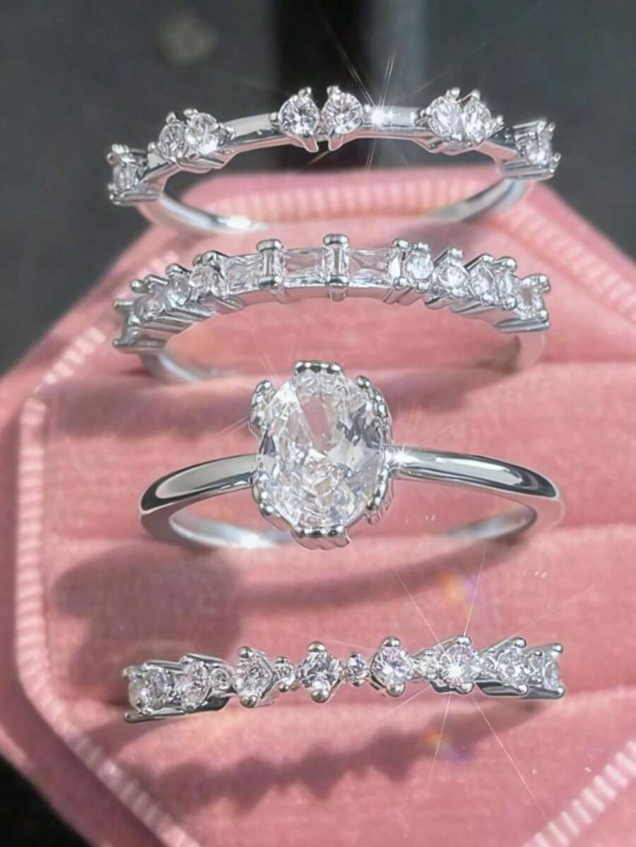 4 件套时尚优雅奢华百搭休闲水钻银戒指，适合作为送给女朋友的礼物，结婚/订婚戒指 - 彩色 - 查看 1