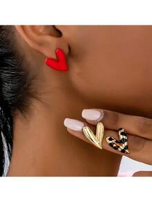 Retro Leopard Print Heart-Shaped Stud Earrings, Multi-Color Mixed Set Earrings, Elegant And Versatile Women's Style, Suitable For Daily Life, Commuting, Dates, Anniversaries, Party Decorations, Valentine's Day Gifts, And Wearing Ear Jewelry - Multicolor - View 4