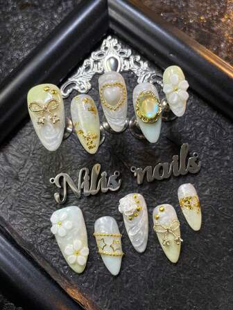 10pcs Almond Acrylic Nail Kit,White Nail Art Set,Yellow&White Tie Dye Full Cover Press On Nail,3D Rhinestones&Hearts&Roses&Chain Beads&Bowknot Nail Accessories Decoration,Y2k Style Nail Art Set,Suitable For Women Or Girl To Daily,Parties&Thanksgiving Seasons& Mother's Day Wear (Includes: A Piece Of Jelly Glue And A Friction Strip) Nail Supplies Nails