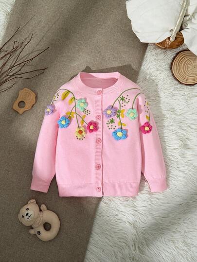 女童新款开襟羊毛衫，时尚服饰，肩部刺绣设计，3D立体花卉装饰，保暖舒适，适合度假穿着，休闲保暖学生外套，花卉图案，完美礼物